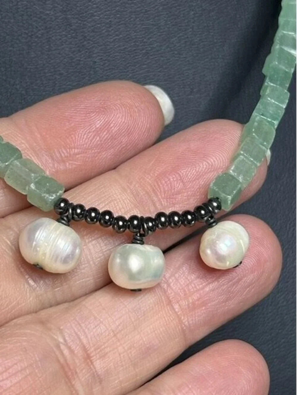 B6658 Artisan Green Jadeite Cube Bead Freshwater Pearl Choker Necklace 17-18